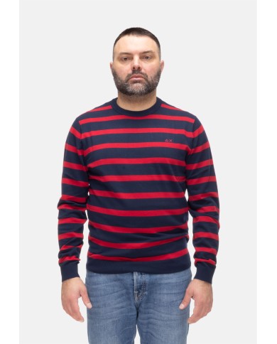 SUN 68 Maglia uomo girocollo a righe NAVY BLUE/ROSSO