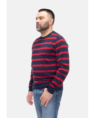 SUN 68 Maglia uomo girocollo a righe NAVY BLUE/ROSSO