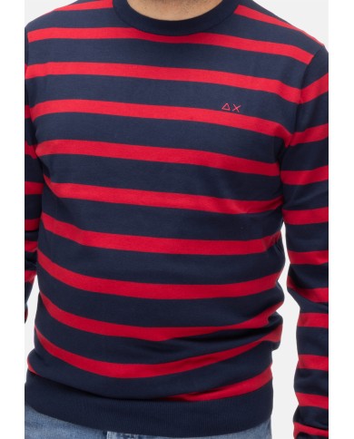 SUN 68 Maglia uomo girocollo a righe NAVY BLUE/ROSSO
