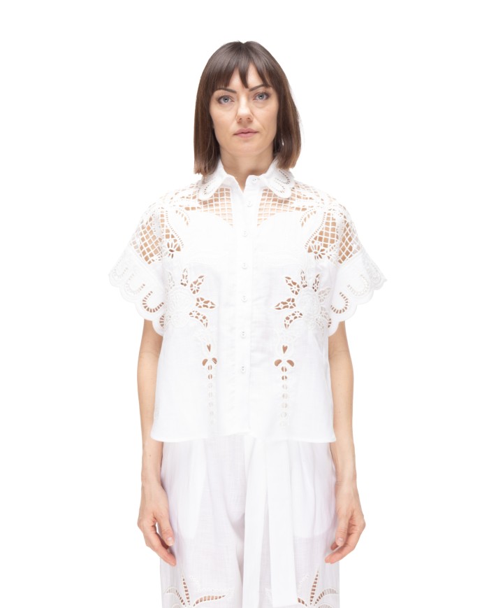 AMOSA Camicia lino donna ricamata bianca