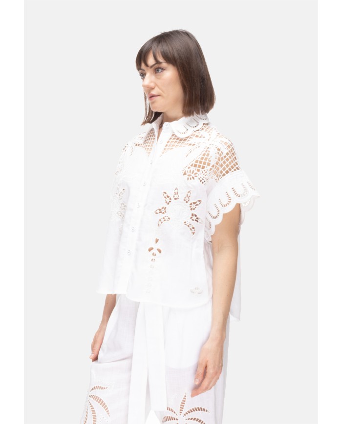 AMOSA Camicia lino donna ricamata bianca