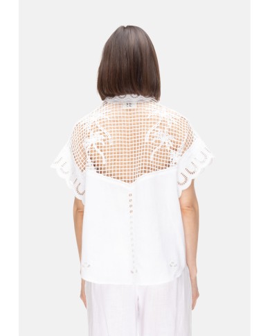 AMOSA Camicia lino donna ricamata bianca