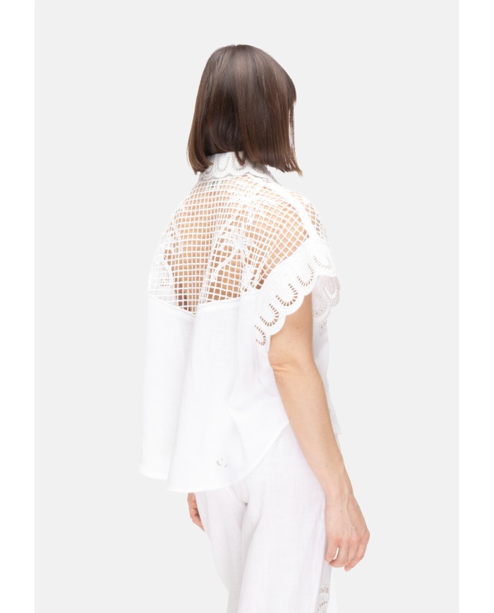 AMOSA Camicia lino donna ricamata bianca