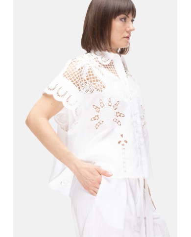 AMOSA Camicia lino donna ricamata bianca