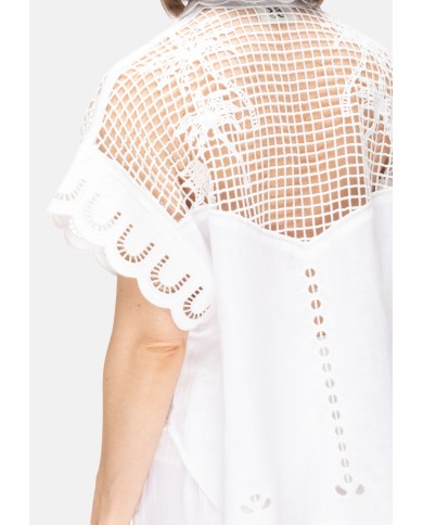AMOSA Camicia lino donna ricamata bianca