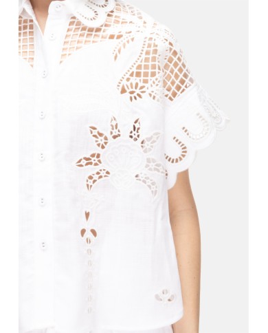 AMOSA Camicia lino donna ricamata bianca
