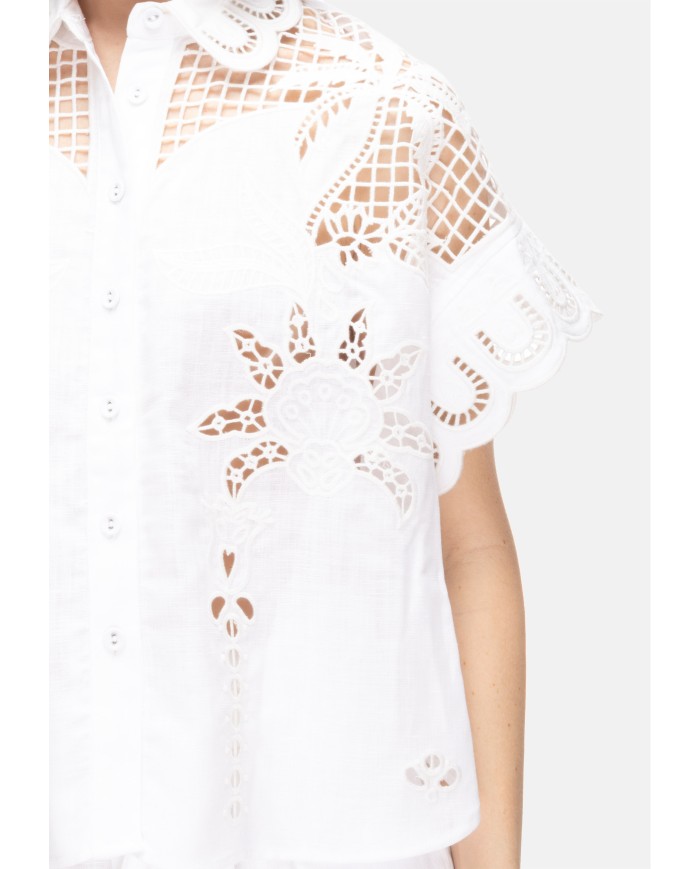 AMOSA Camicia lino donna ricamata bianca