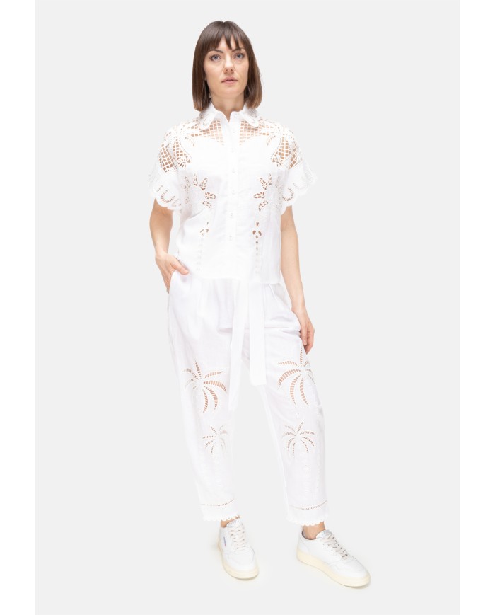 AMOSA Camicia lino donna ricamata bianca