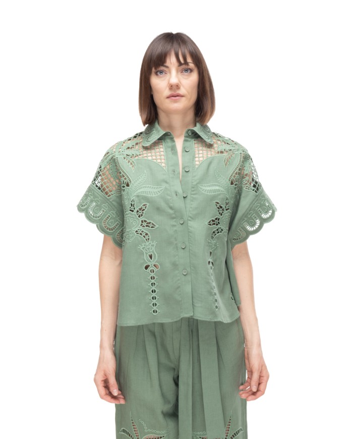 AMOSA Camicia lino donna ricamo Verde