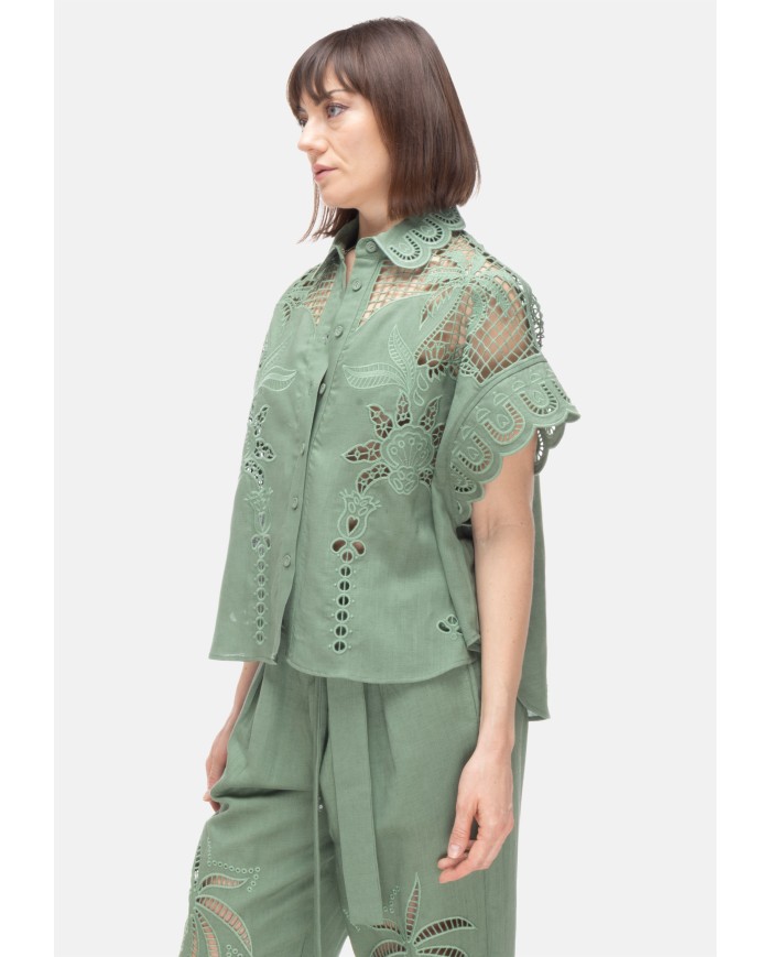 AMOSA Camicia lino donna ricamo Verde
