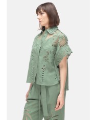 AMOSA Camicia lino donna ricamo Verde