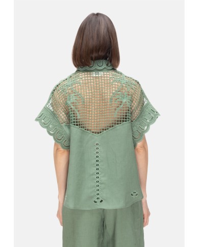 AMOSA Camicia lino donna ricamo Verde