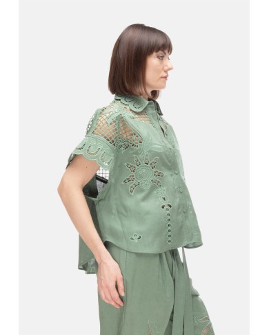 AMOSA Camicia lino donna ricamo Verde