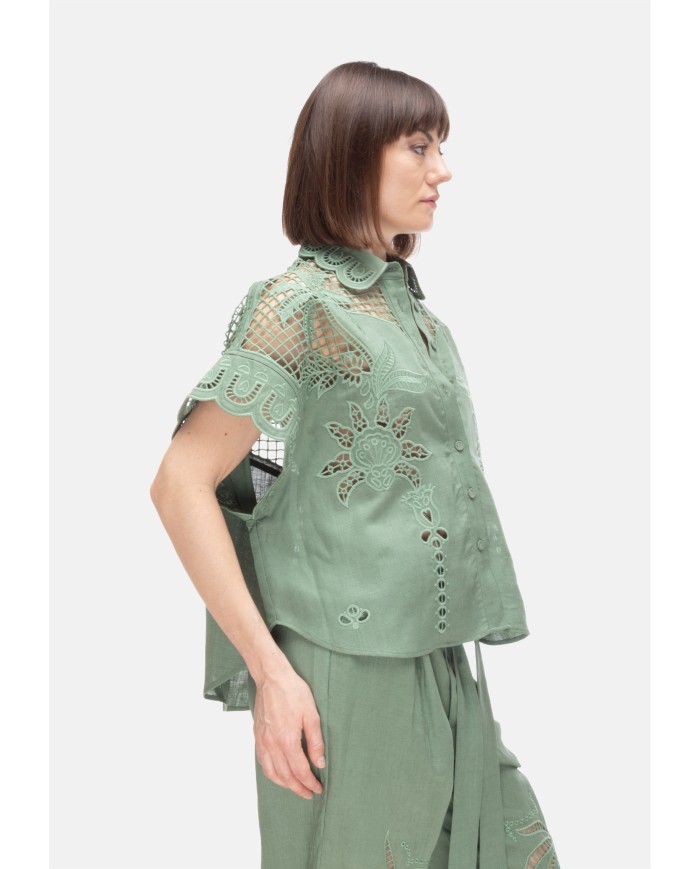 AMOSA Camicia lino donna ricamo Verde