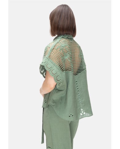 AMOSA Camicia lino donna ricamo Verde
