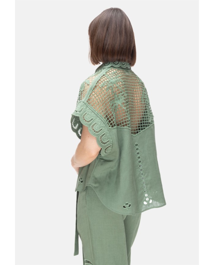 AMOSA Camicia lino donna ricamo Verde