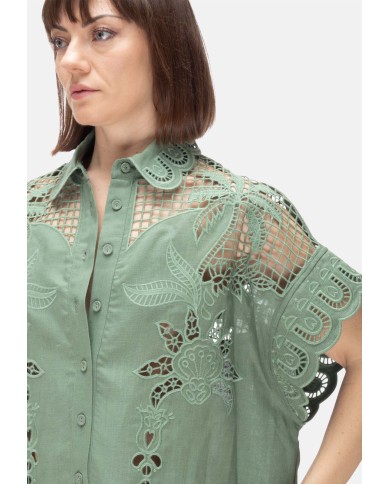 AMOSA Camicia lino donna ricamo Verde