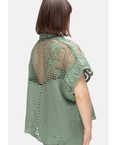 AMOSA Camicia lino donna ricamo Verde