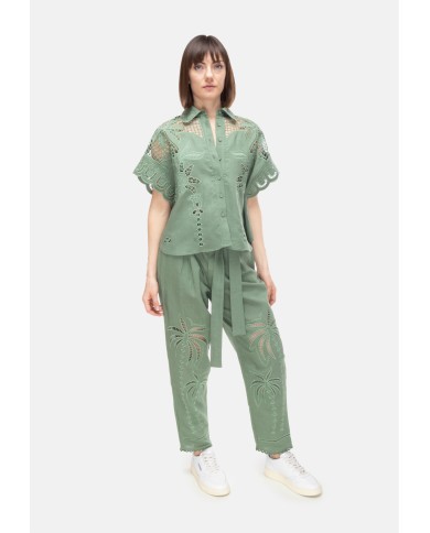 AMOSA Camicia lino donna ricamo Verde