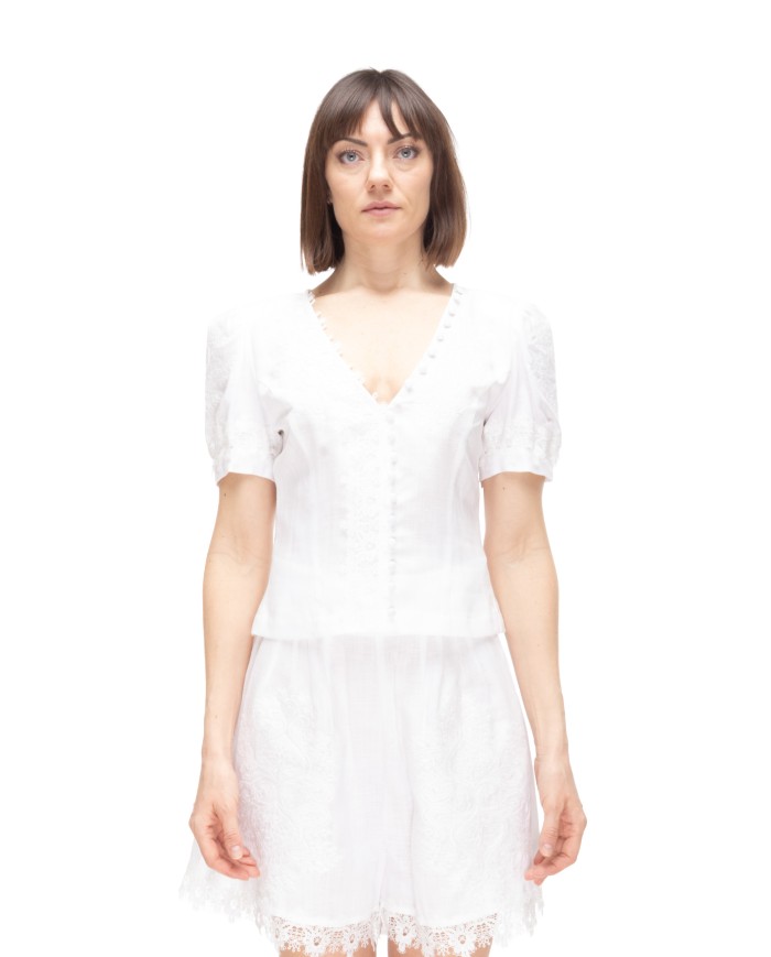 AMOSA Camicia donna lino e pizzo bianco