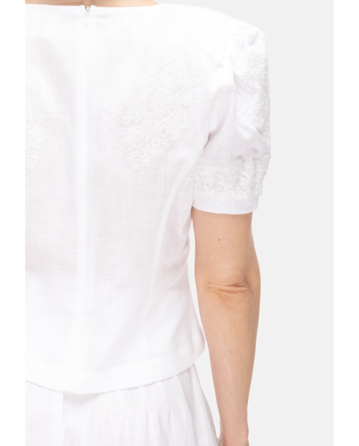 AMOSA Camicia donna lino e pizzo bianco
