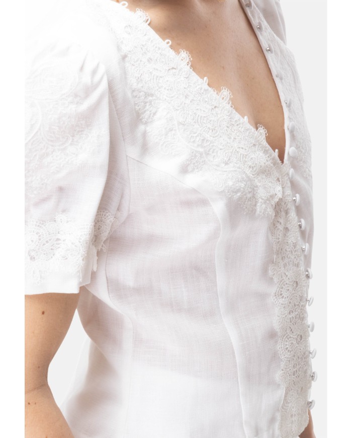 AMOSA Camicia donna lino e pizzo bianco