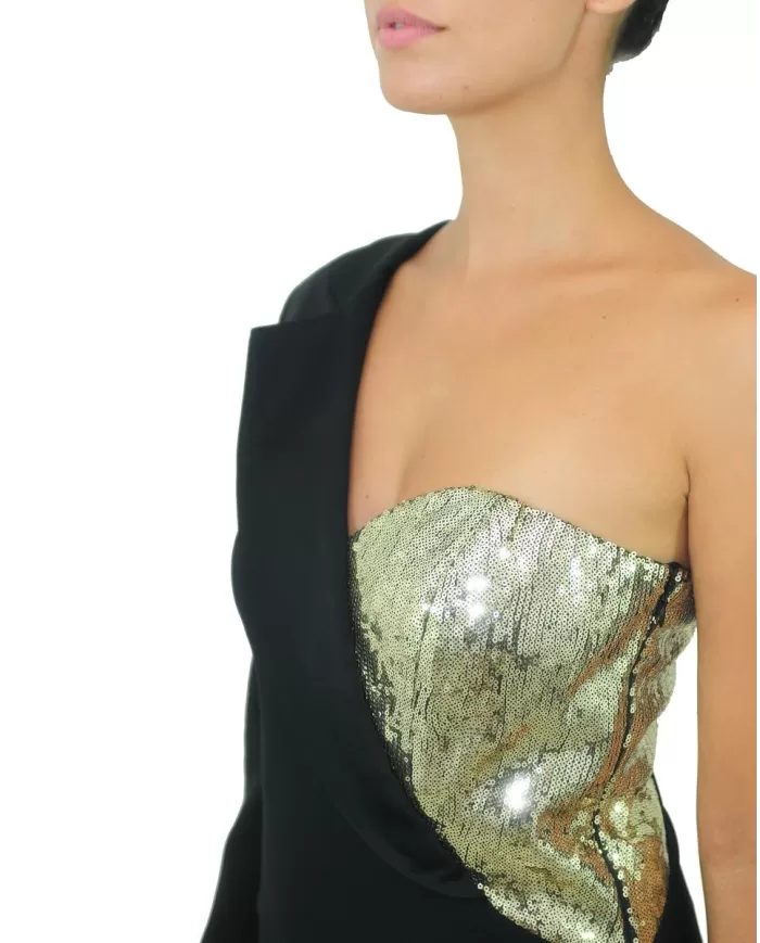 Simona Corsellini Abito Corto Monospalla Con Paillettes Nero Oro